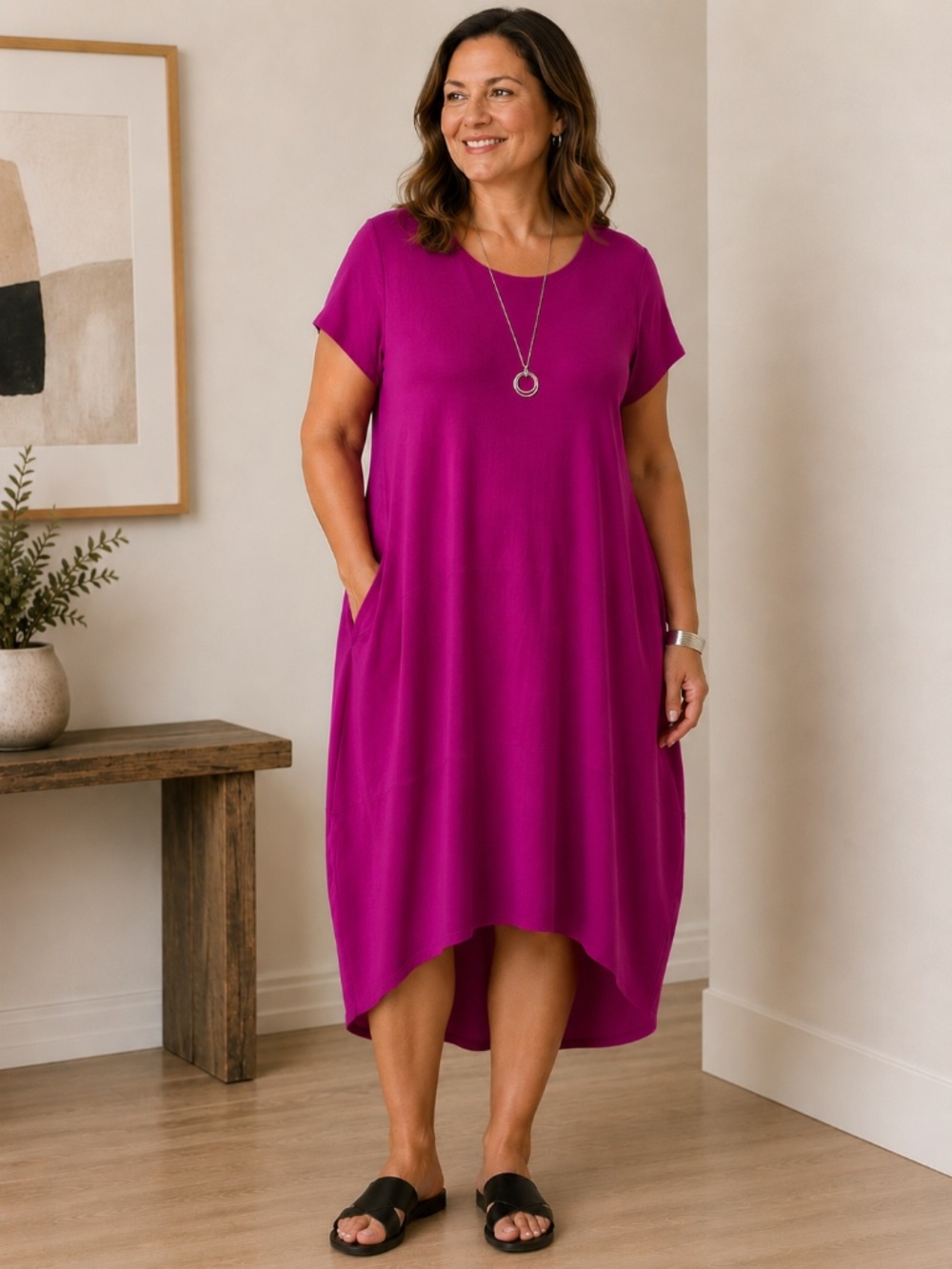 Eileen Fisher Knit Mid Dress Magenta Pockets Popover Round Neck Stretchy Comfy